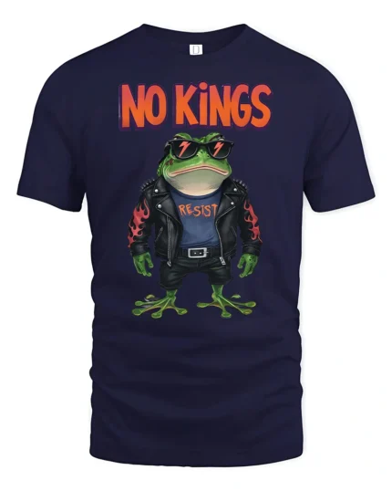 Rebel Punk Frog No Kings Resist Leather Jacket Graphic Tee - navy t-shirt on white background