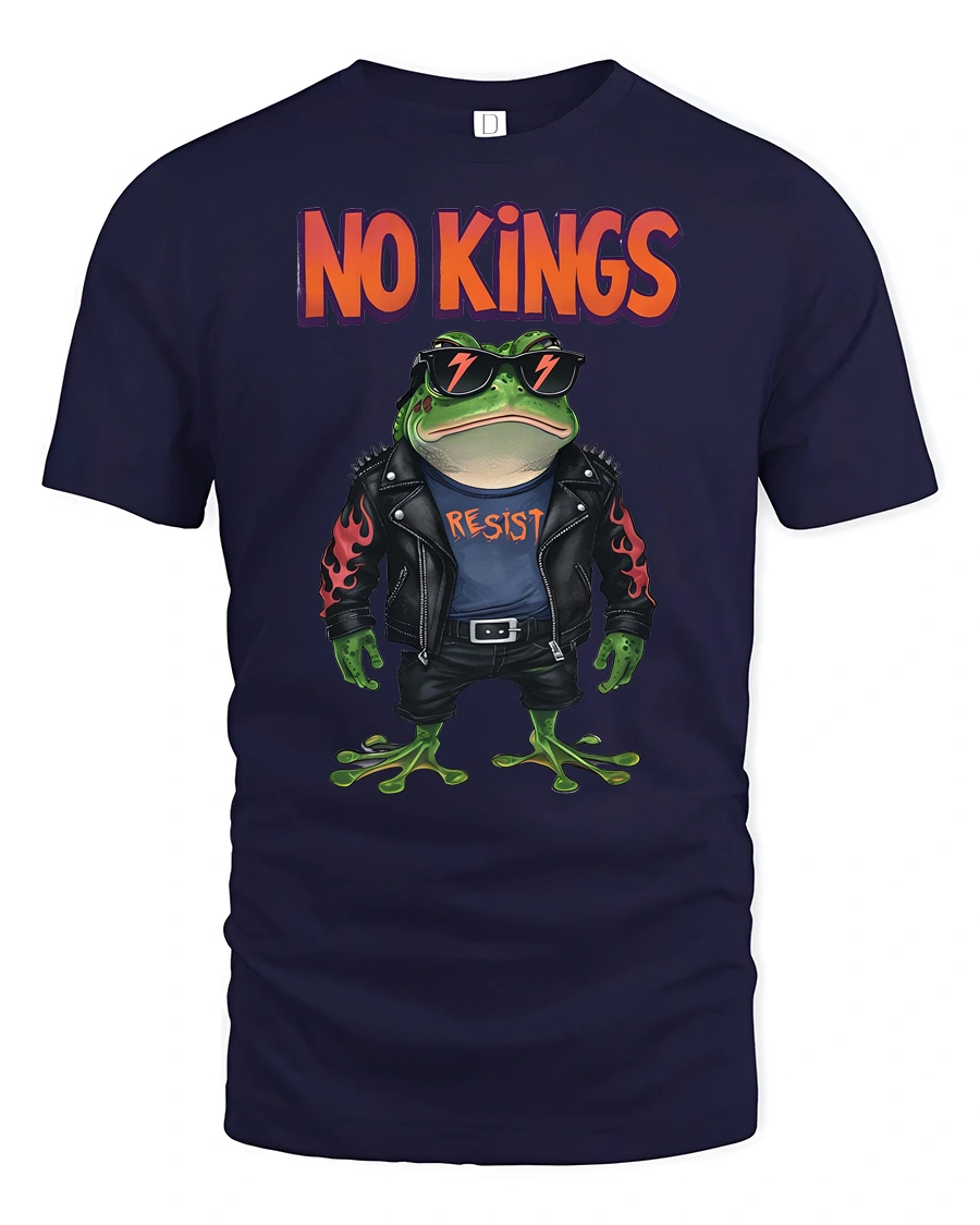 Rebel Punk Frog No Kings Resist Leather Jacket Graphic Tee - 1 Rebel Punk Frog No Kings Resist Leather Jacket Graphic Tee - navy t-shirt on white background
