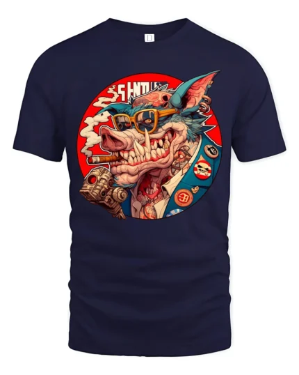 Cyberpunk Gangster Boar Smoking Cigar Graphic Tshirt - navy t-shirt on white background