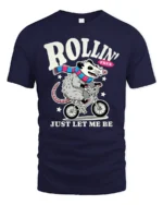 Funny Possum Riding Bicycle Rollin Free Graphic Tshirt - navy t-shirt on white background