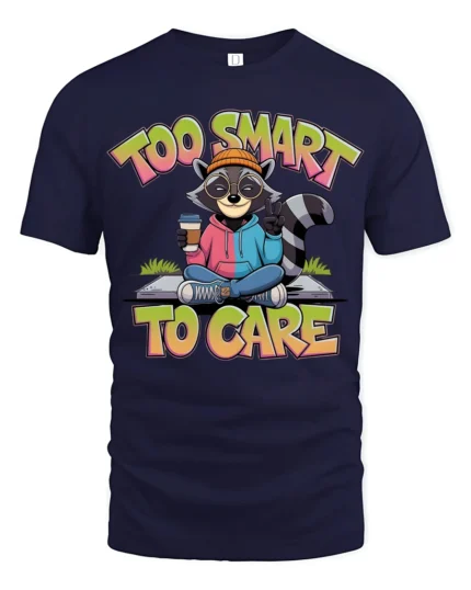 Funny Raccoon Too Smart To Care Coffee Quote Graphic Tshirt - navy t-shirt on white background