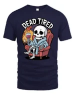 Funny Skeleton Dead Tired Bathrobe Wine Relaxing Tshirt - navy t-shirt on white background