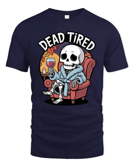 Funny Skeleton Dead Tired Bathrobe Wine Relaxing Tshirt - navy t-shirt on white background