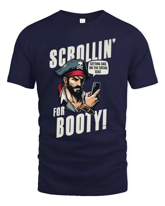 Humorous Social Seas Smartphone Pirate Sailing Graphic Tee - navy t-shirt on white background