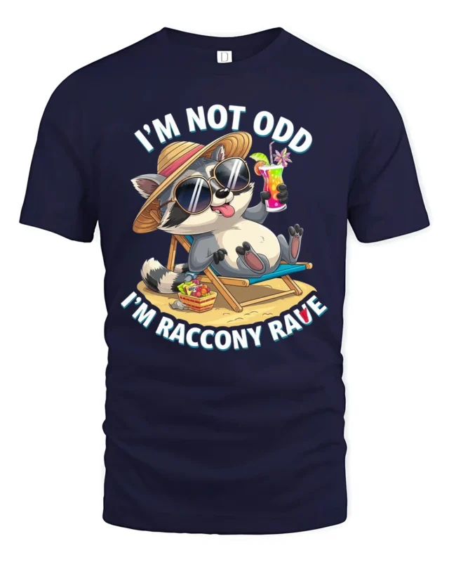 Chill Raccoon Sunglasses Summer Vacation Beach Graphic Tee - navy t-shirt on white background