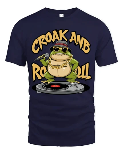 Cool DJ Frog Croak And Roll Sunglasses Graphic Tee - navy t-shirt on white background