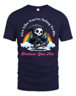 Funny Skater Grim Reaper Live Like You Die Graphic Tshirt - navy t-shirt on white background