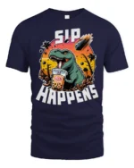 Funny Boba T Rex Sip Happens Dinosaur Graphic Tshirt - navy t-shirt on white background