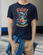 Cute Champion T Rex Boxer Hashtag Beyourself Graphic Tee - model wearing navy tee with hands in pockets