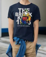 Cool Neo Tokyo Cyberpunk Brooklyn Graphic Tshirt - model wearing navy tee with hands in pockets