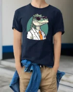 Cool Miami Gator White Suit Sunglasses Graphic Tshirt - model wearing navy tee with hands in pockets