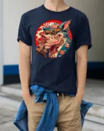 Cyberpunk Gangster Boar Smoking Cigar Graphic Tshirt - model wearing navy tee with hands in pockets