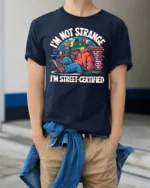 Funny Lizard Street Certified Urban Hoodie Graphic Tshirt - model wearing navy tee with hands in pockets