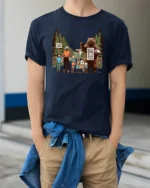 Funny Camping Bear Toilet Paper Nature Graphic Tshirt - model wearing navy tee with hands in pockets