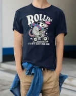 Funny Possum Riding Bicycle Rollin Free Graphic Tshirt - model wearing navy tee with hands in pockets