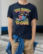 Funny Raccoon Too Smart To Care Coffee Quote Graphic Tshirt - model wearing navy tee with hands in pockets