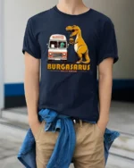 Funny Burgasarus King Of Burgers Dinosaur Graphic Tshirt - model wearing navy tee with hands in pockets