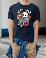 Funny Skeleton Dead Tired Bathrobe Wine Relaxing Tshirt - model wearing navy tee with hands in pockets