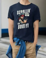 Humorous Social Seas Smartphone Pirate Sailing Graphic Tee - model wearing navy tee with hands in pockets