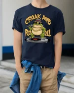 Cool DJ Frog Croak And Roll Sunglasses Graphic Tee - model wearing navy tee with hands in pockets