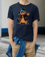 Cool Hip Hop Cat Streetwear Varsity Jacket Graphic Tshirt - model wearing navy tee with hands in pockets
