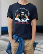 Funny Skater Grim Reaper Live Like You Die Graphic Tshirt - model wearing navy tee with hands in pockets