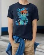 Cool Splashing Blue Ape Captain Visor Graphic Tshirt - model wearing navy tee with hands in pockets