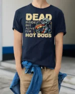 Humorous Dead Inside Alive Hot Dogs Zombie Graphic Tee - model wearing navy tee with hands in pockets