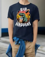 Funny Boba T Rex Sip Happens Dinosaur Graphic Tshirt - model wearing navy tee with hands in pockets