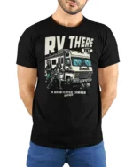 Funny RV There Yet Zombie Road Trip Graphic Tshirt - model wearing black tee with hands behind back