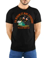 Funny Black Cat Typewriter Please Shut Up Graphic Tshirt - model wearing black tee with hands behind back