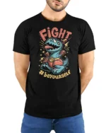 Cute Champion T Rex Boxer Hashtag Beyourself Graphic Tee - model wearing black tee with hands behind back