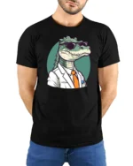 Cool Miami Gator White Suit Sunglasses Graphic Tshirt - model wearing black tee with hands behind back