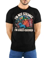 Funny Lizard Street Certified Urban Hoodie Graphic Tshirt - model wearing black tee with hands behind back