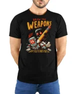 Funny Draw Your Weapons Battle Of The Artists Graphic Tee - model wearing black tee with hands behind back