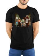 Funny Camping Bear Toilet Paper Nature Graphic Tshirt - model wearing black tee with hands behind back