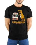 Funny Burgasarus King Of Burgers Dinosaur Graphic Tshirt - model wearing black tee with hands behind back