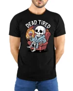 Funny Skeleton Dead Tired Bathrobe Wine Relaxing Tshirt - model wearing black tee with hands behind back