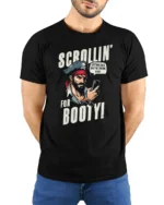 Humorous Social Seas Smartphone Pirate Sailing Graphic Tee - model wearing black tee with hands behind back