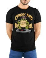 Cool DJ Frog Croak And Roll Sunglasses Graphic Tee - model wearing black tee with hands behind back