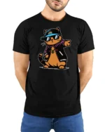 Cool Hip Hop Cat Streetwear Varsity Jacket Graphic Tshirt - model wearing black tee with hands behind back
