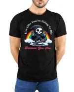 Funny Skater Grim Reaper Live Like You Die Graphic Tshirt - model wearing black tee with hands behind back