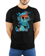 Cool Splashing Blue Ape Captain Visor Graphic Tshirt - model wearing black tee with hands behind back