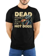 Humorous Dead Inside Alive Hot Dogs Zombie Graphic Tee - model wearing black tee with hands behind back