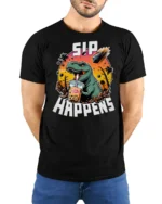 Funny Boba T Rex Sip Happens Dinosaur Graphic Tshirt - model wearing black tee with hands behind back
