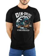 Funny Dinoarsaurus Wreks Sailor Dinosaur Graphic Tshirt - model wearing black tee with hands behind back