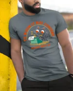 Funny Black Cat Typewriter Please Shut Up Graphic Tshirt - model wearing grey tee, leaning on column