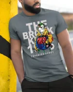 Cool Neo Tokyo Cyberpunk Brooklyn Graphic Tshirt - model wearing grey tee, leaning on column