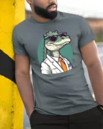 Cool Miami Gator White Suit Sunglasses Graphic Tshirt - model wearing grey tee, leaning on column