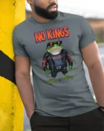 Rebel Punk Frog No Kings Resist Leather Jacket Graphic Tee - model wearing grey tee, leaning on column